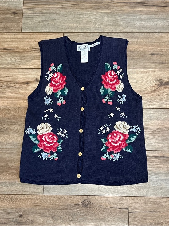 Jantzen Sweaters - Vintage Jantzen Floral Embroidered Sweater Vest Navy Button Front Women's Medium